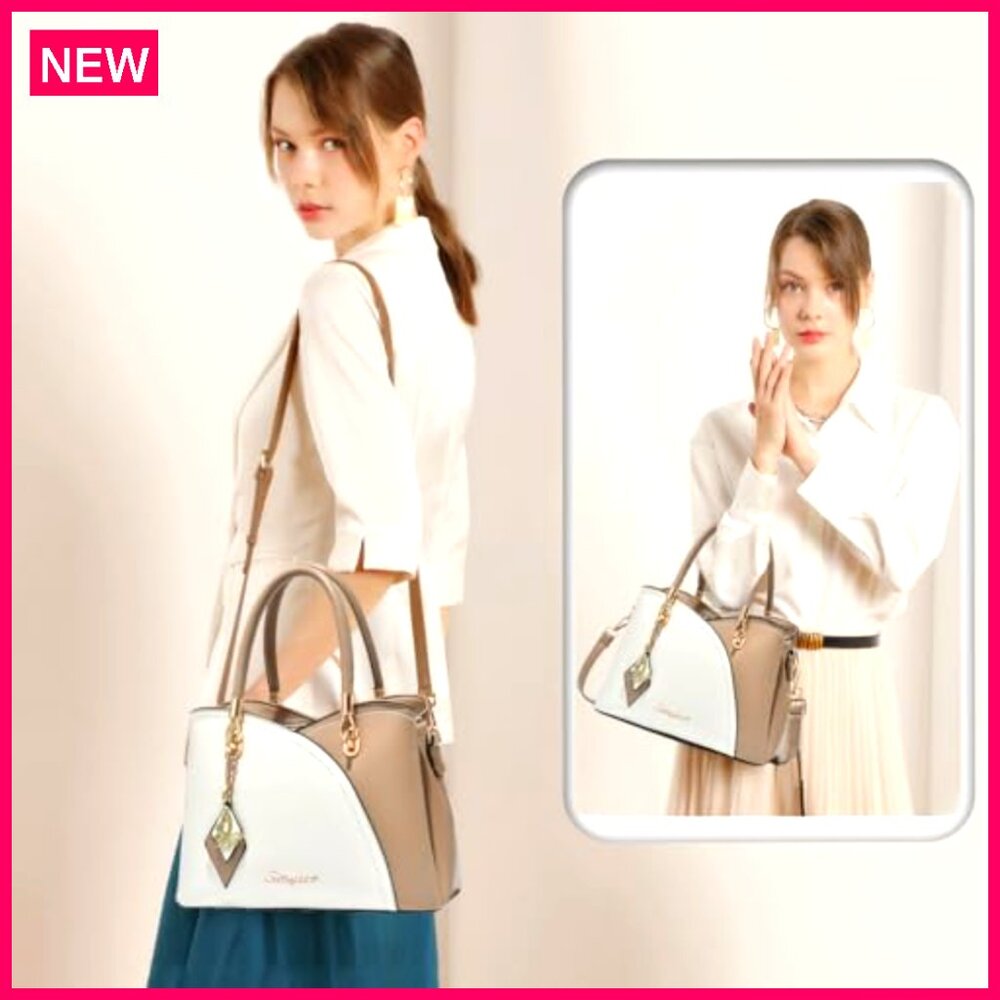 Synthetic Leather Tote Satchel Shoulder Bag with 6 Pockets - Picture 4 of 8